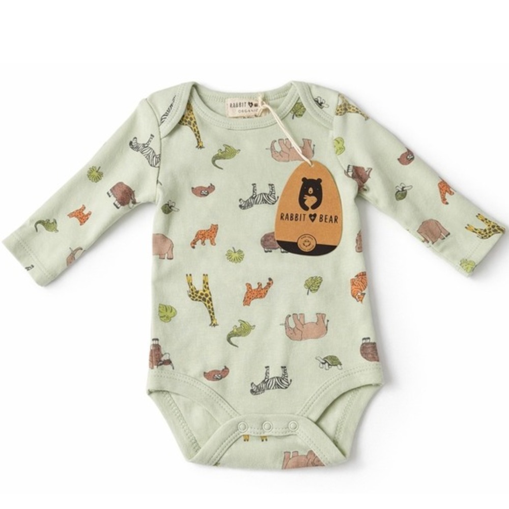 Rabbit + Bear Organic Safari Animal Long Sleeve‎ Bodysuit Sage Green 0-3M NWT